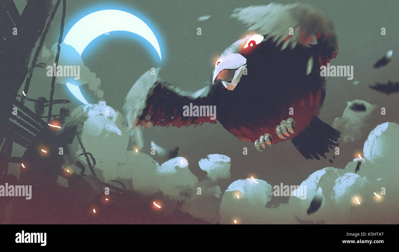 Riesige fette Vogel in den Nachthimmel mit Halbmond fliegen, digital art Stil, Illustration Malerei Stockfoto