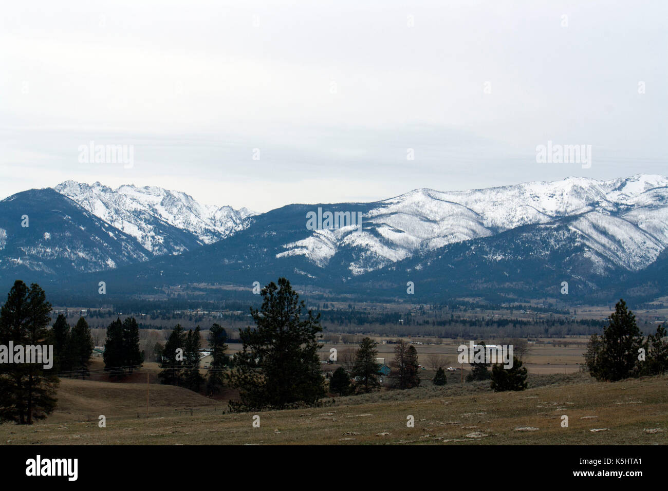 Schneebedeckte Berge mitten im Winter. Abschnitt der Rocky Mountains in Bitterroot Valley, Montana. Nordamerika, USA. Stockfoto