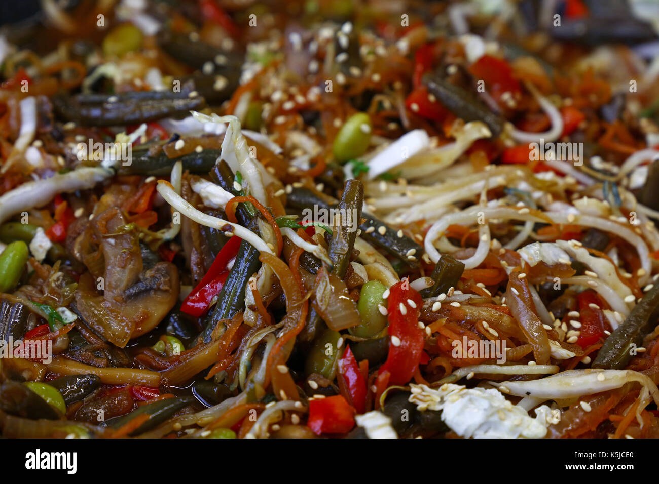 Asiatische traditionelle Mahlzeit von rühren Gebratene sortierten Gemüse im Wok Pfanne, Nahaufnahme, hohe Betrachtungswinkel Stockfoto