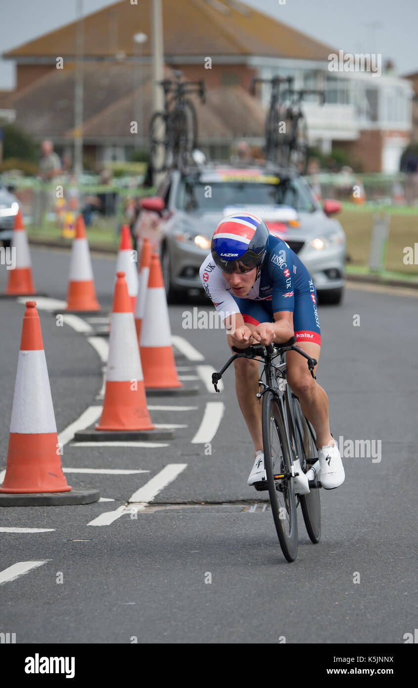 Tour durch Großbritannien Radrennen Stufe 5 timetrial in Clacton-on-Sea, Großbritannien Stockfoto