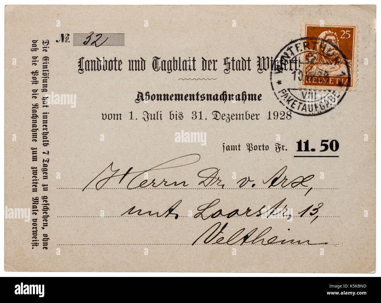 Schweizer Postkarte für Magazin Abonnement Rechnung verwendet (Nachnahme) - Schweiz. Stockfoto