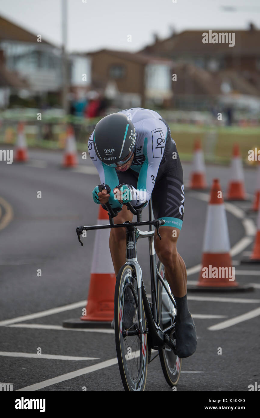 Karol DOMAGALSKI, einer Pro Cycling, Tour durch Großbritannien Radrennen Stufe 5 timetrial in Clacton-on-Sea, Großbritannien Stockfoto