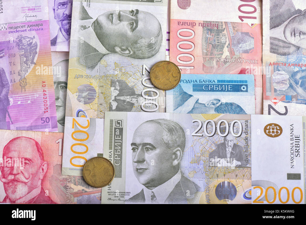 Hintergrund der Serbischen Banknoten und Münzen Stockfoto