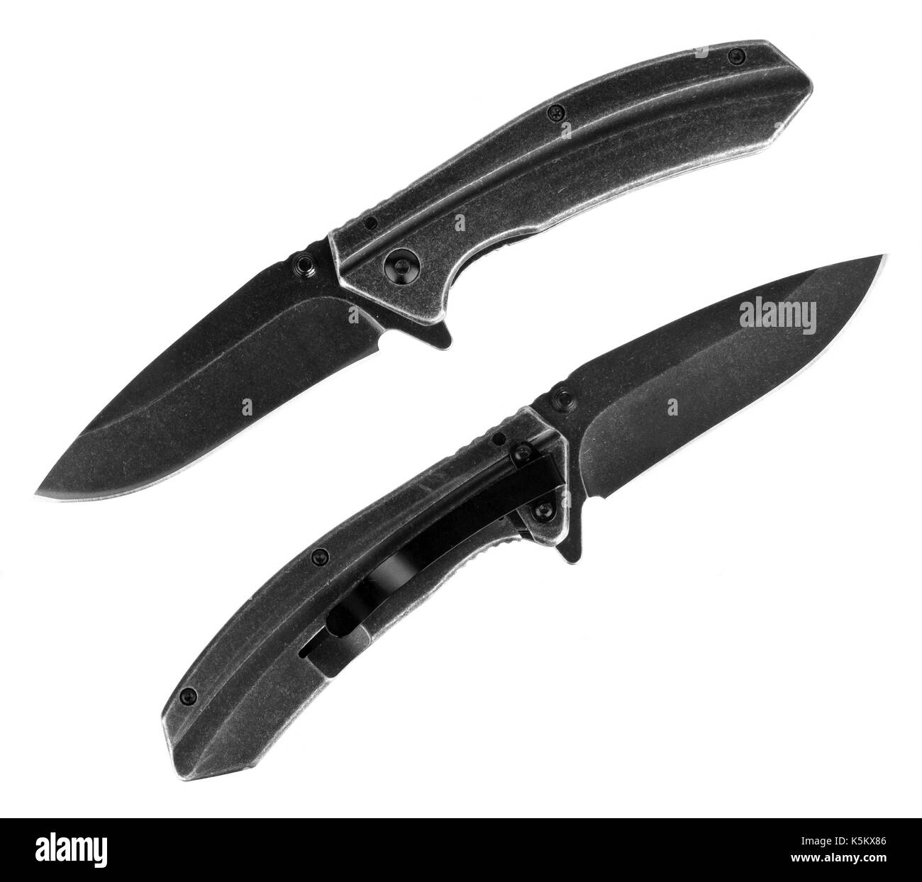 Scharfe klappbare Messer mit Griff aus Edelstahl. EDC-Messer close-up auf weißem Hintergrund Stockfoto