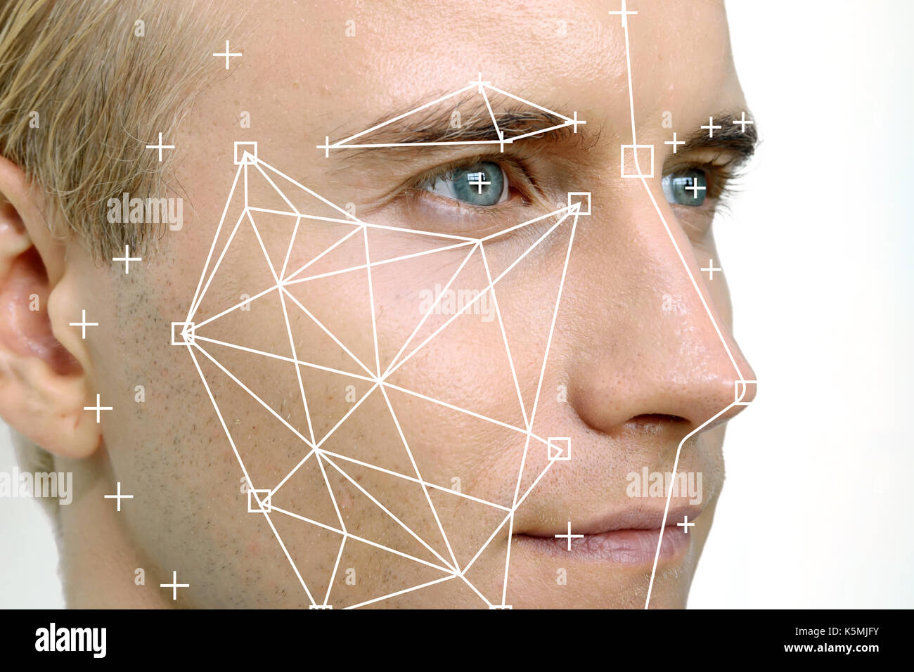 Machine Learning Systems Technology, präzise Gesichtserkennung biometrischer Technologie und künstliche Intelligenz Konzept. Mann Gesicht und Punkte verbinden Stockfoto