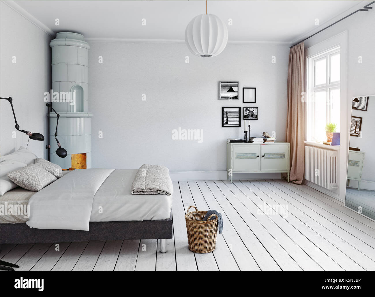 Modernes Schlafzimmer mit klassischen schwedischen Herd. 3D Rendering Stockfoto