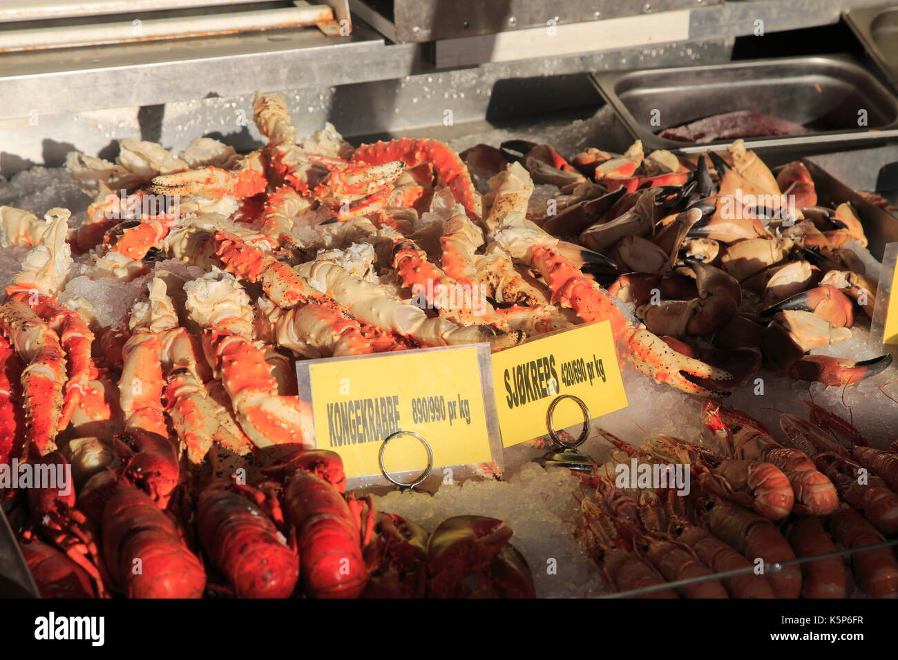 Straße fisch Stall den Verkauf von Hummer und Krabben, Bergen, Norwegen Stockfoto