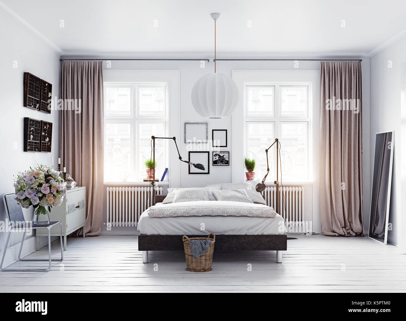 Im modernen skandinavischen Stil Schlafzimmer. 3D Rendering Stockfoto