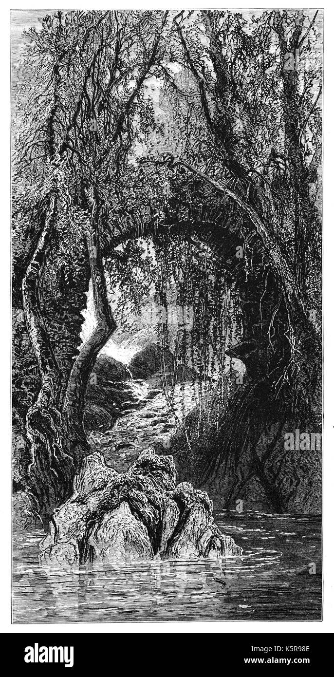 1870: Der Pont Clywedog Brücke auf die Torrent Spaziergang folgt dem Fluss Clywedog durch seine eindrucksvolle Schlucht. Die Ruinen einer alten eisernen Ofen gebaut von Abraham Darby, die Quäker von Coalbrookdale, im frühen 18. Jahrhundert befindet sich in der Nähe. Dolgellau, Gwynedd, Wales. Stockfoto