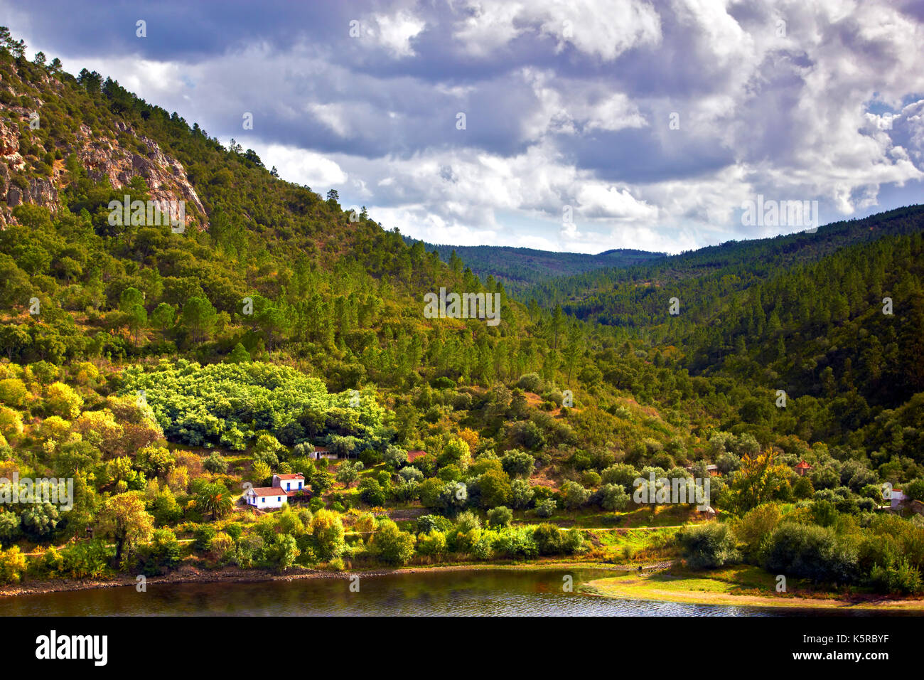 Ein Blick über den Fluss Tejo, Portugal, von den umliegenden Bäumen bedeckten Hügeln Stockfoto