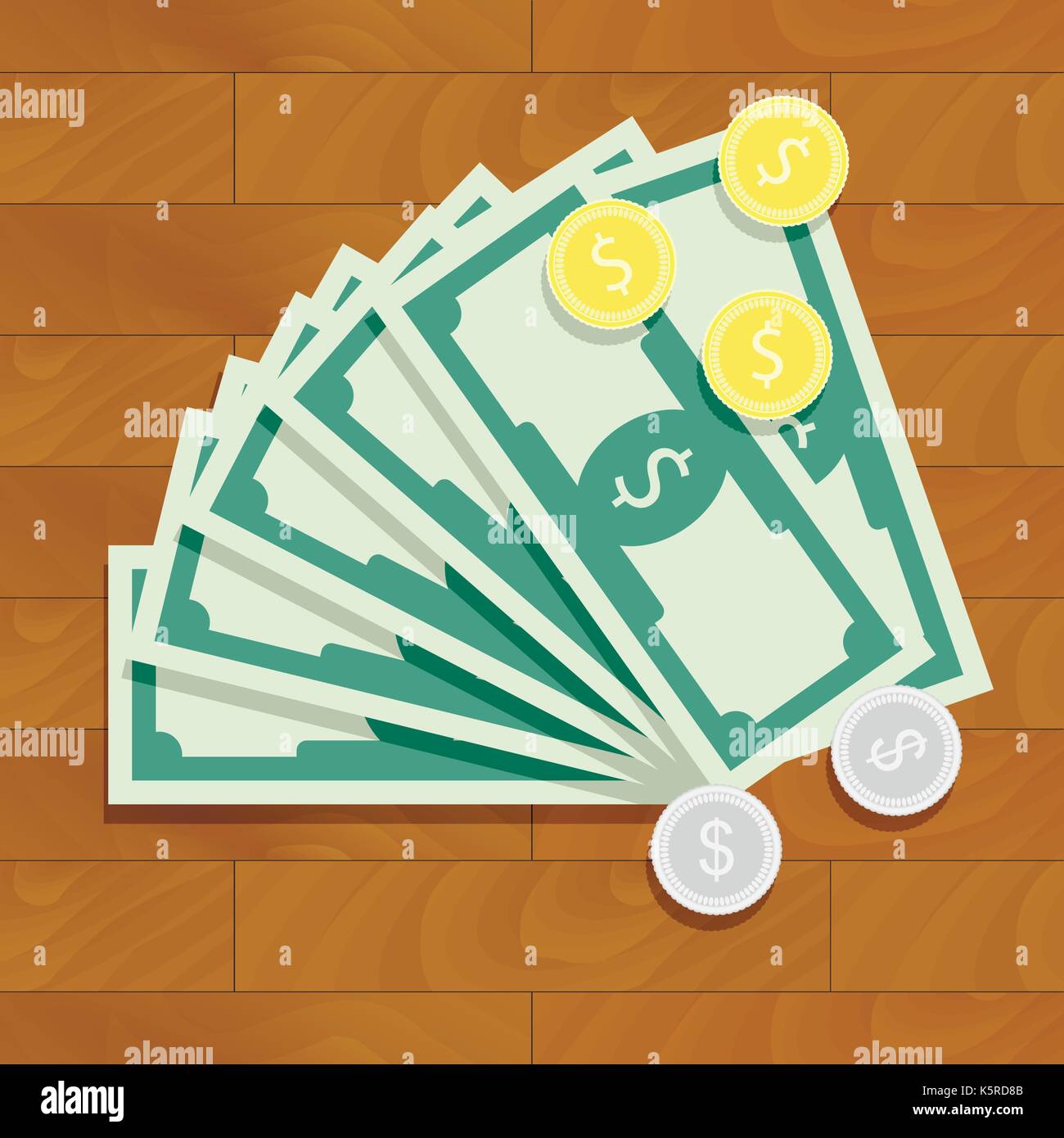 Stapel von Cash-Symbol. Fan von Banknoten und silbernen und goldenen Münzen auf Holztisch. Vector Illustration Stock Vektor
