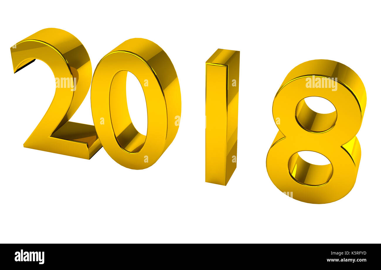 2018 3D-Render in Gold, vom oberen und rechten Winkel, mit Beschneidungspfad für Transparenz oder Alpha, auf weißem Hintergrund Stockfoto