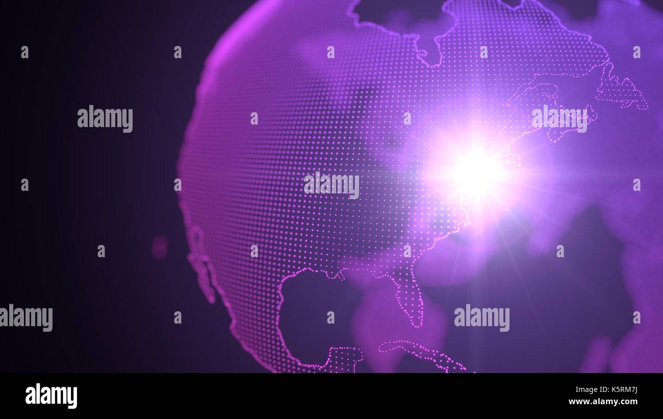Dot purple Hologramm der Erde Kontinente. Auf newyork konzentriert. Lichtstrahl auf Newyork Stockfoto