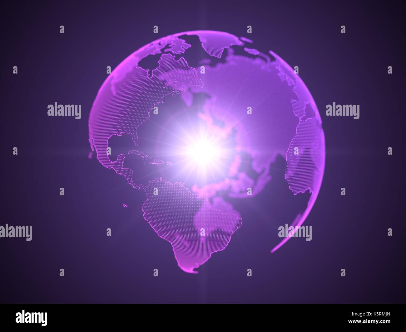 Dot purple Hologramm der Erde Kontinente. Lichtstrahl auf Zentrum Stockfoto