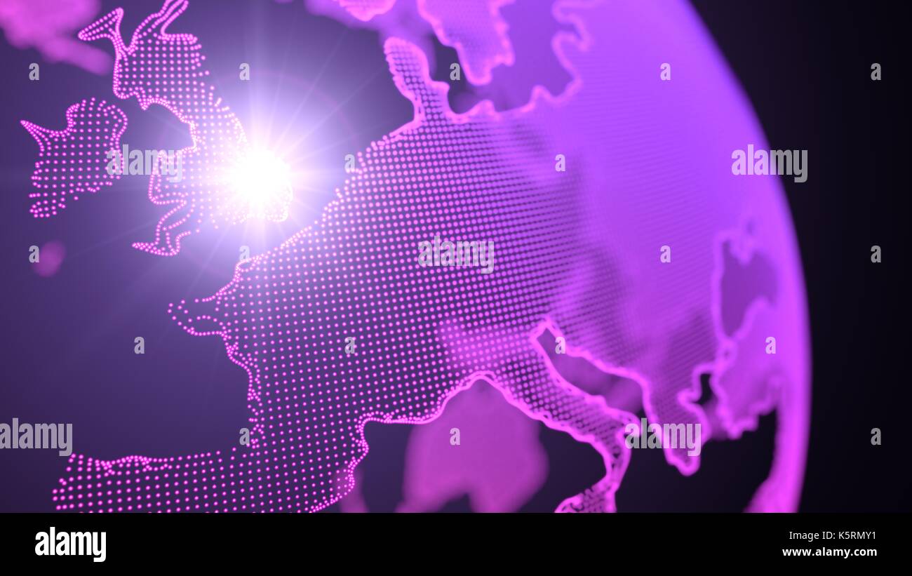 Dot purple Hologramm der Erde Kontinente. Lichtstrahl auf London Stockfoto