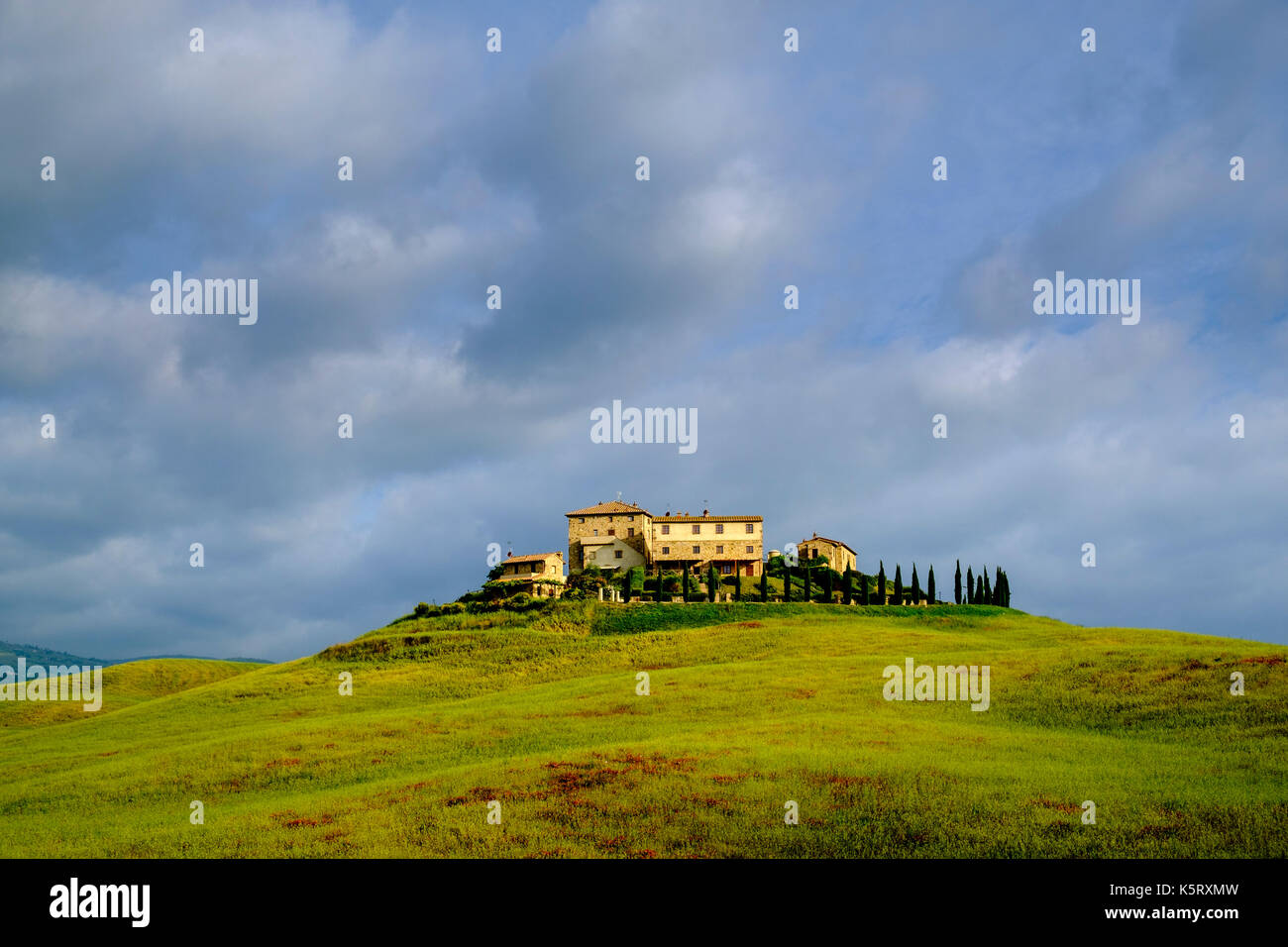 Typische tuscanian Landschaft mit dem Bauernhaus Podere Le Volpaie auf einem Hügel im Val di Cecina Stockfoto