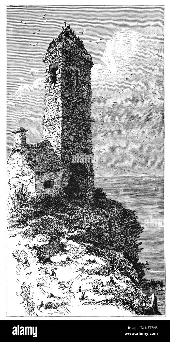 1870: eine Kirche, Turm, Teil eines Klosters aus dem 12. Jahrhundert auf papageitaucher Island, eine unbewohnte Insel vor der östlichen Spitze von Anglesey, Nordwales. Es wurde früher als Priestholm in Englisch und Walisisch Ynys Lannog bekannt. Stockfoto