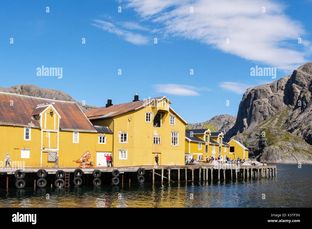 Alte gelbe Holzhäusern auf Stelzen im historischen Fischerdorf Hafen. Nusfjord, Insel Flakstadøya, Lofoten, Nordland, Norwegen Stockfoto