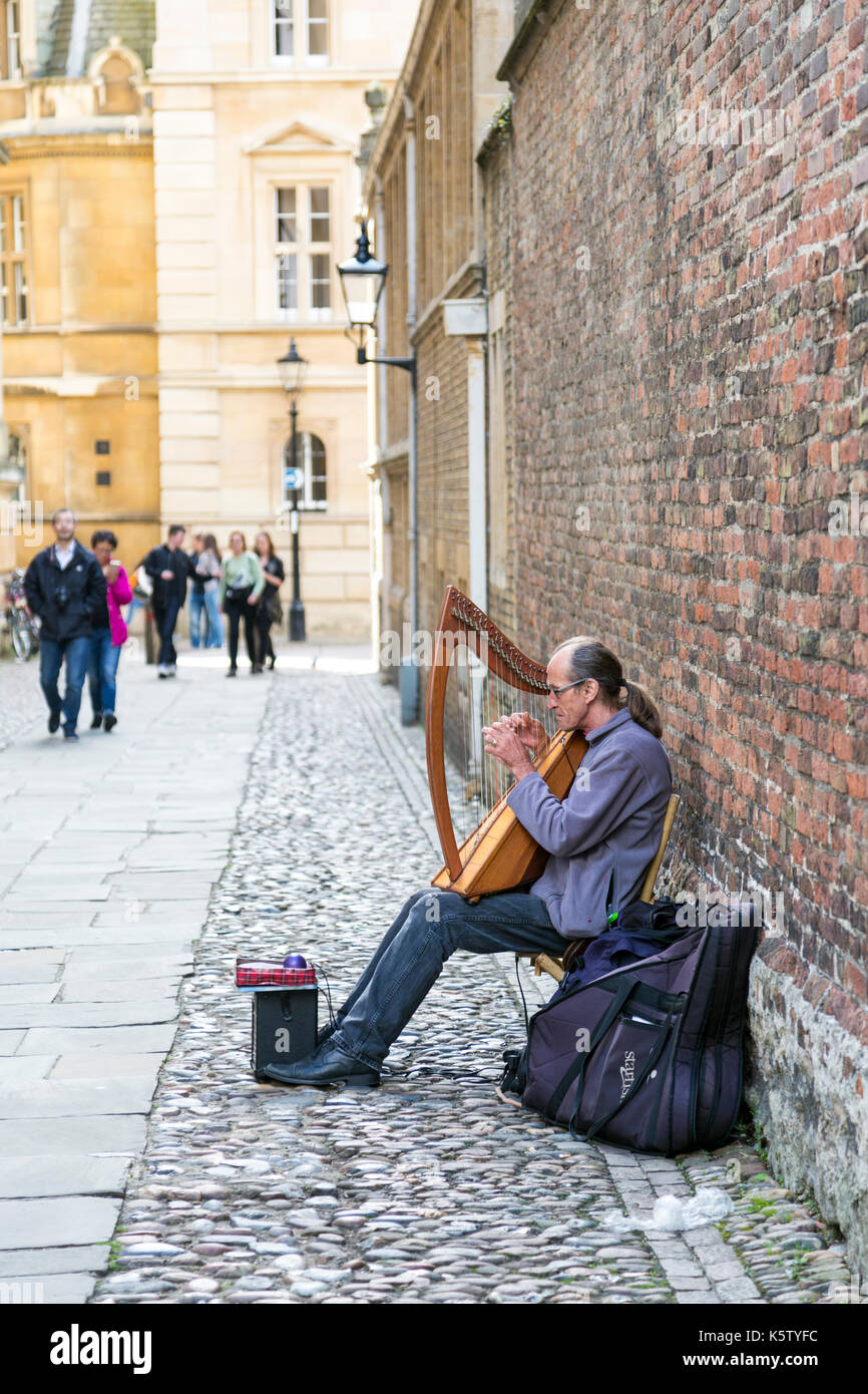 Eine Harfe player Straßenmusik auf Senat Haus Passage in Cambridge, Großbritannien Stockfoto