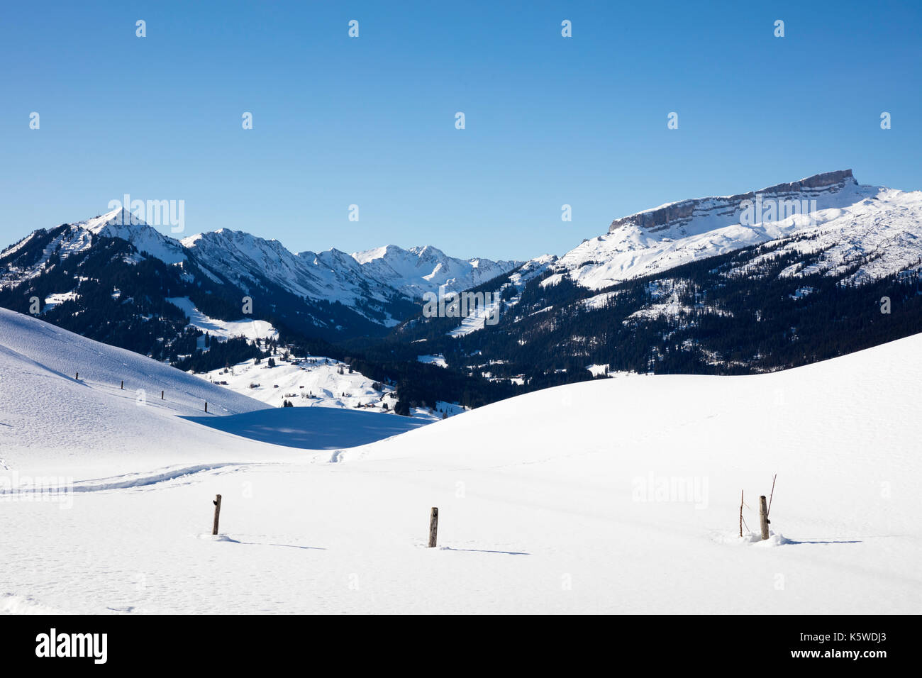 Winterlandschaft, Kleinwalsertal, Alpen, Vorarlberg, Österreich Stockfoto