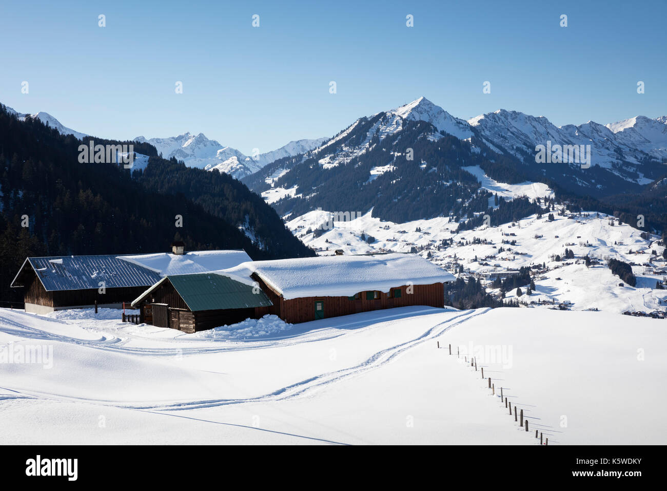 Winterlandschaft, Kleinwalsertal, Alpen, Vorarlberg, Österreich Stockfoto