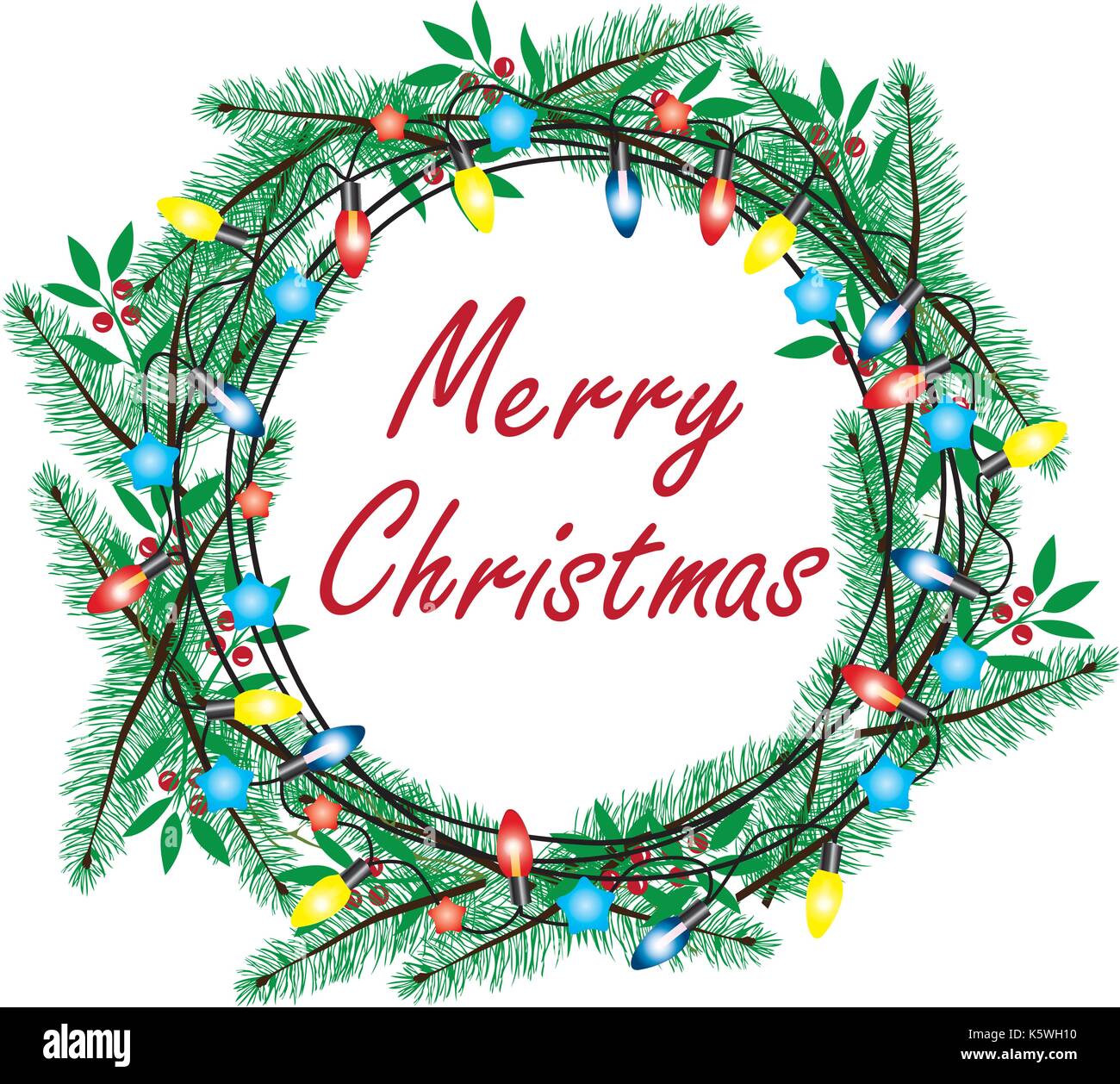 Vector Illustration von Weihnachten Kranz mit Lichtern und Stechpalme Beeren Stock Vektor