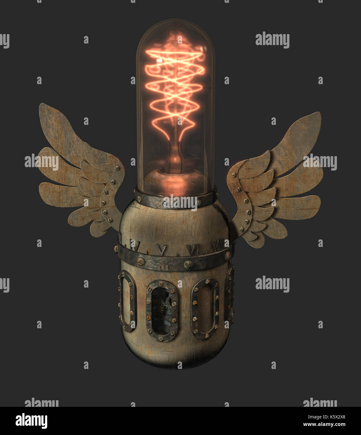 Gerenderte steampunk Stil Edison-lampe mit dekorativen Flügel und Uhrwerk. 3D-Objekt. Stockfoto