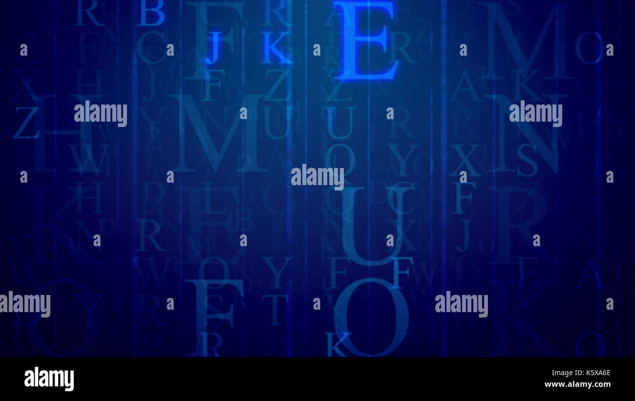 Die holografischen 3D-Abbildung einer elektronischen Post mit schimmernden englischen Buchstaben, strahlende dünne und dicke Linien, in verschiedenen Größen und Formen in der Stockfoto
