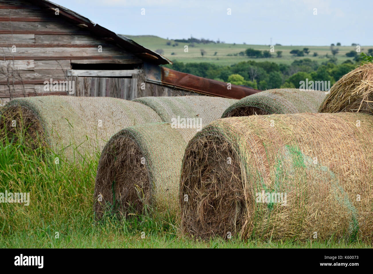 Runde Heuballen und Scheune in ländlichen Oklahoma. Stockfoto