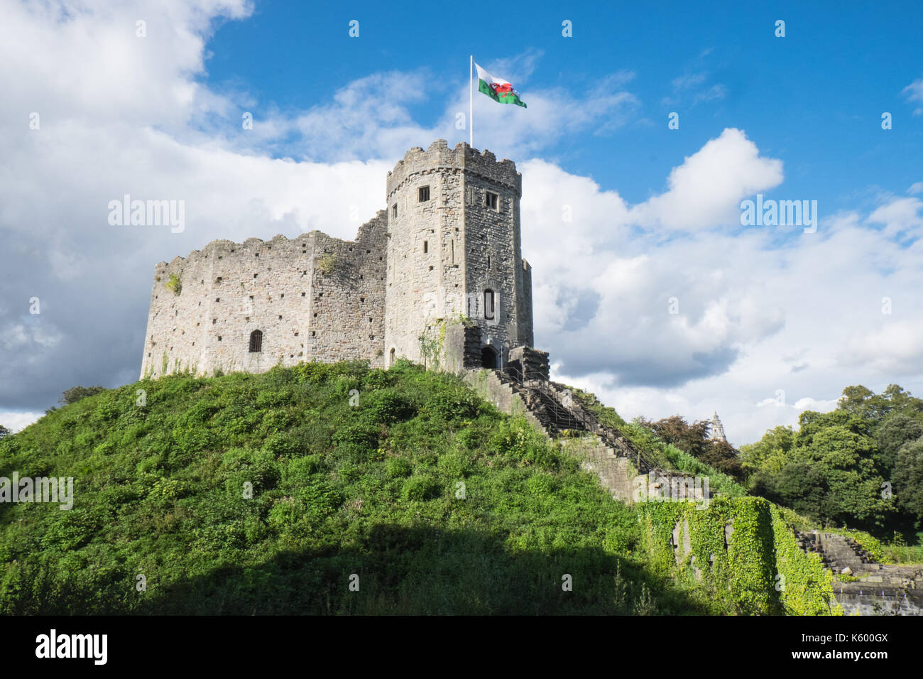 Cardiff Castle, Schloss, Rot, Drachen, Flagge, Cardiff, Cardiff, Hauptstadt, Wales, Welsh, Stadt, Zentrum, Großbritannien, Großbritannien, Europa, Europäischen, Walisisch, Cosmopolitan, Metro, Stockfoto