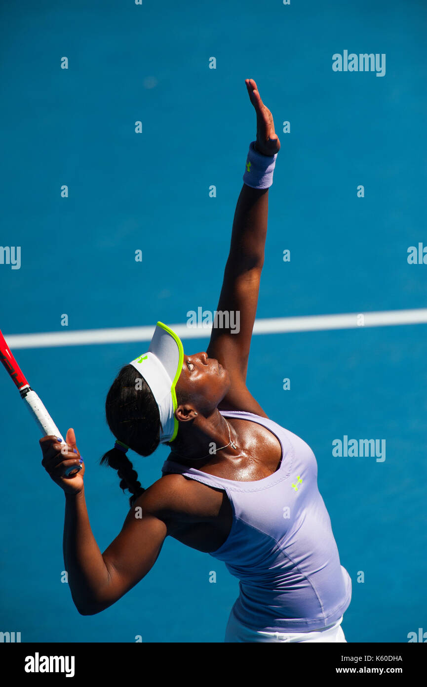 Sloane Stephens im Match Play an der Australian Open 2013 Grand Slam Tennis Turnier. Der Teenager besiegt Grand Slam Champion Serena Williams. Stockfoto