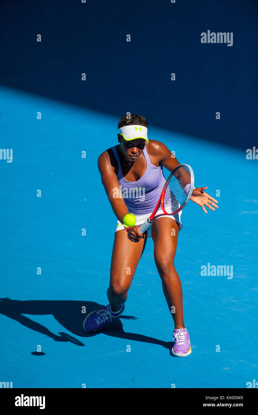 Sloane Stephens im Match Play an der Australian Open 2013 Grand Slam Tennis Turnier. Der Teenager besiegt Grand Slam Champion Serena Williams. Stockfoto