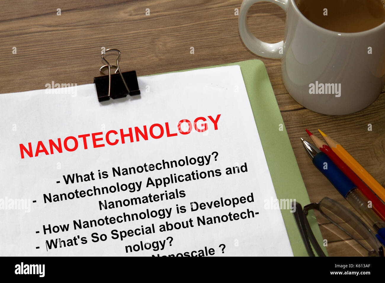 Nanotechnologie Präsentation - mit Themen, die auf dem Deckblatt eines Vortrags. Stockfoto