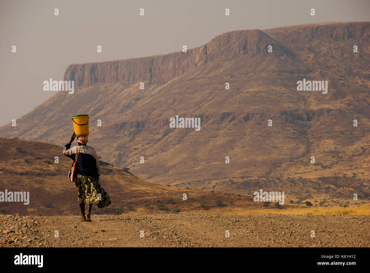 Afrikanische Frau, die einen Eimer voller Wasser o seinen Kopf an der Fernbedienung und Land im Norden von Namibia in der Nähe von Palmwag Stockfoto