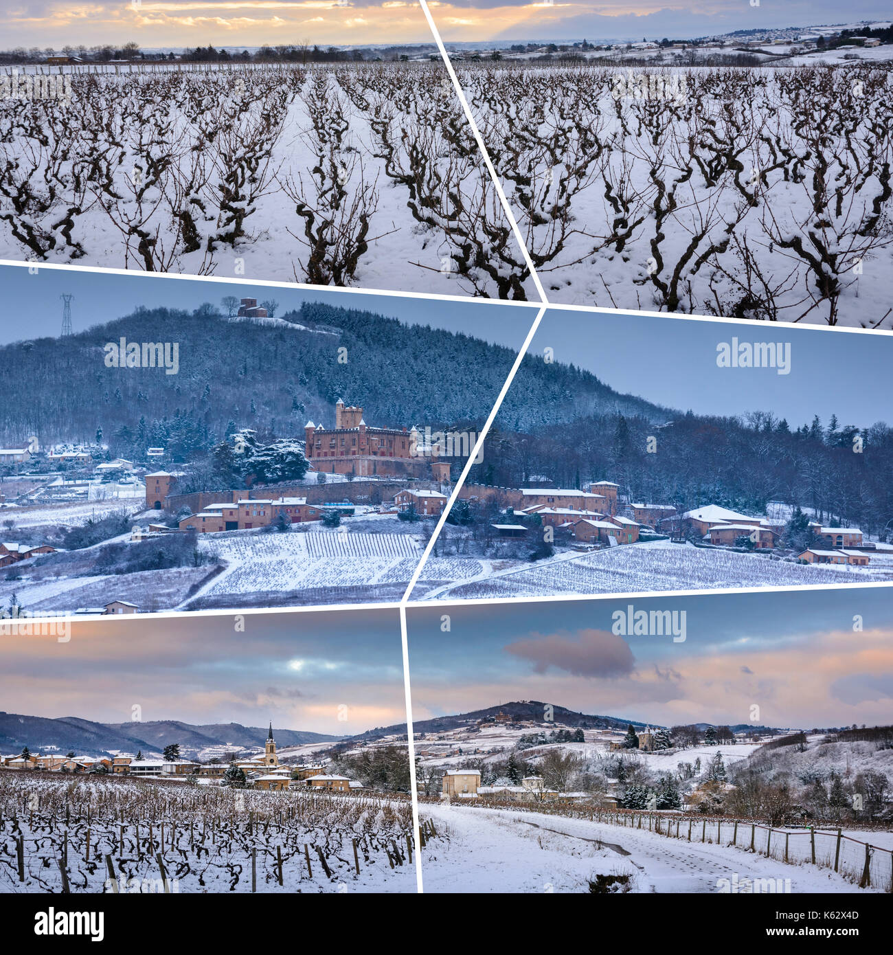 Beaujolais unter Schnee rechteckige travel Photo Collage Stockfoto