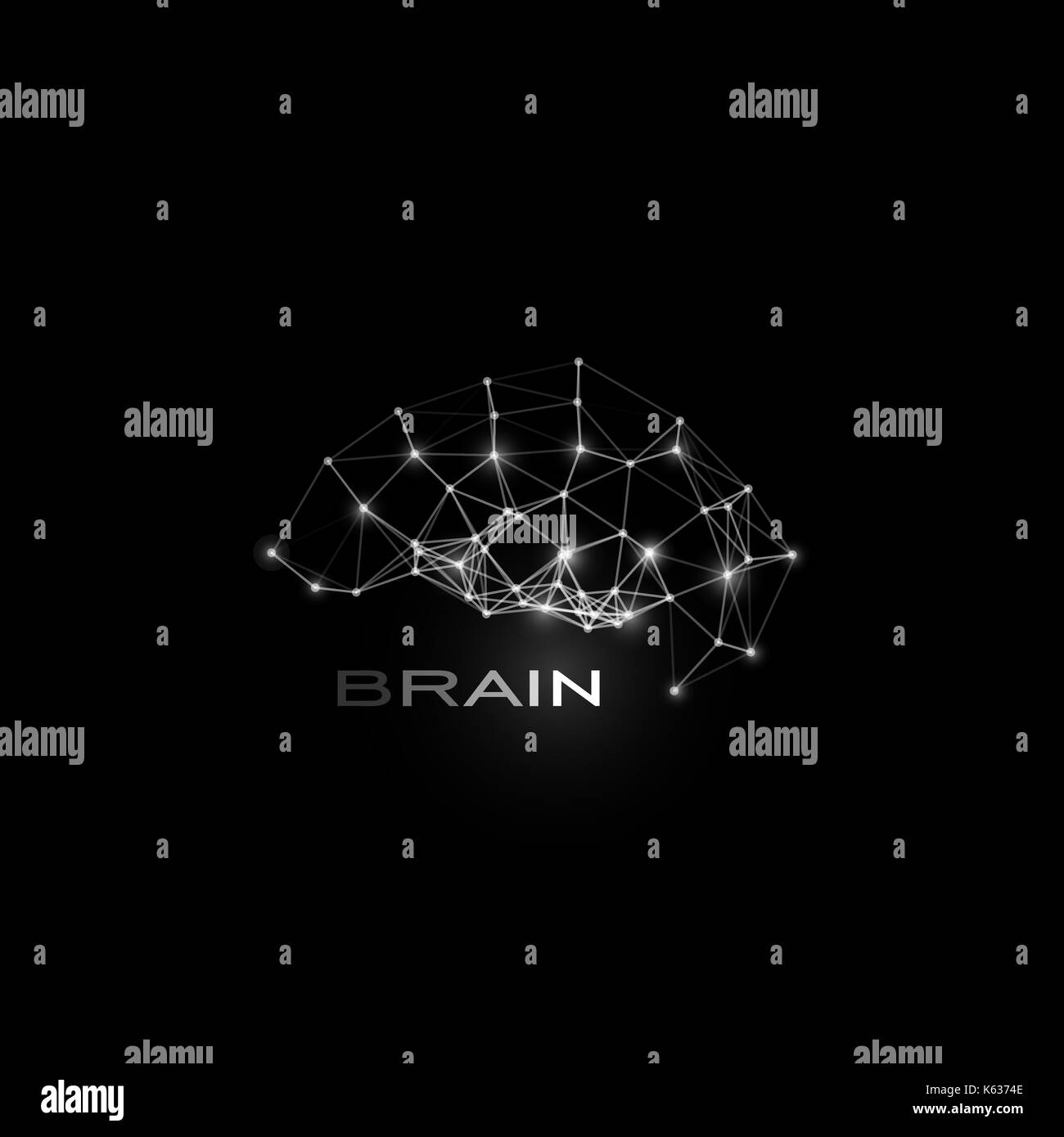 Weiß isolierten Linien und Punkten Gehirn, Vektorform, polygonal künstliche Intelligenz, Data base Logo auf Schwarz kosmischen Raum Hintergrund. Stock Vektor