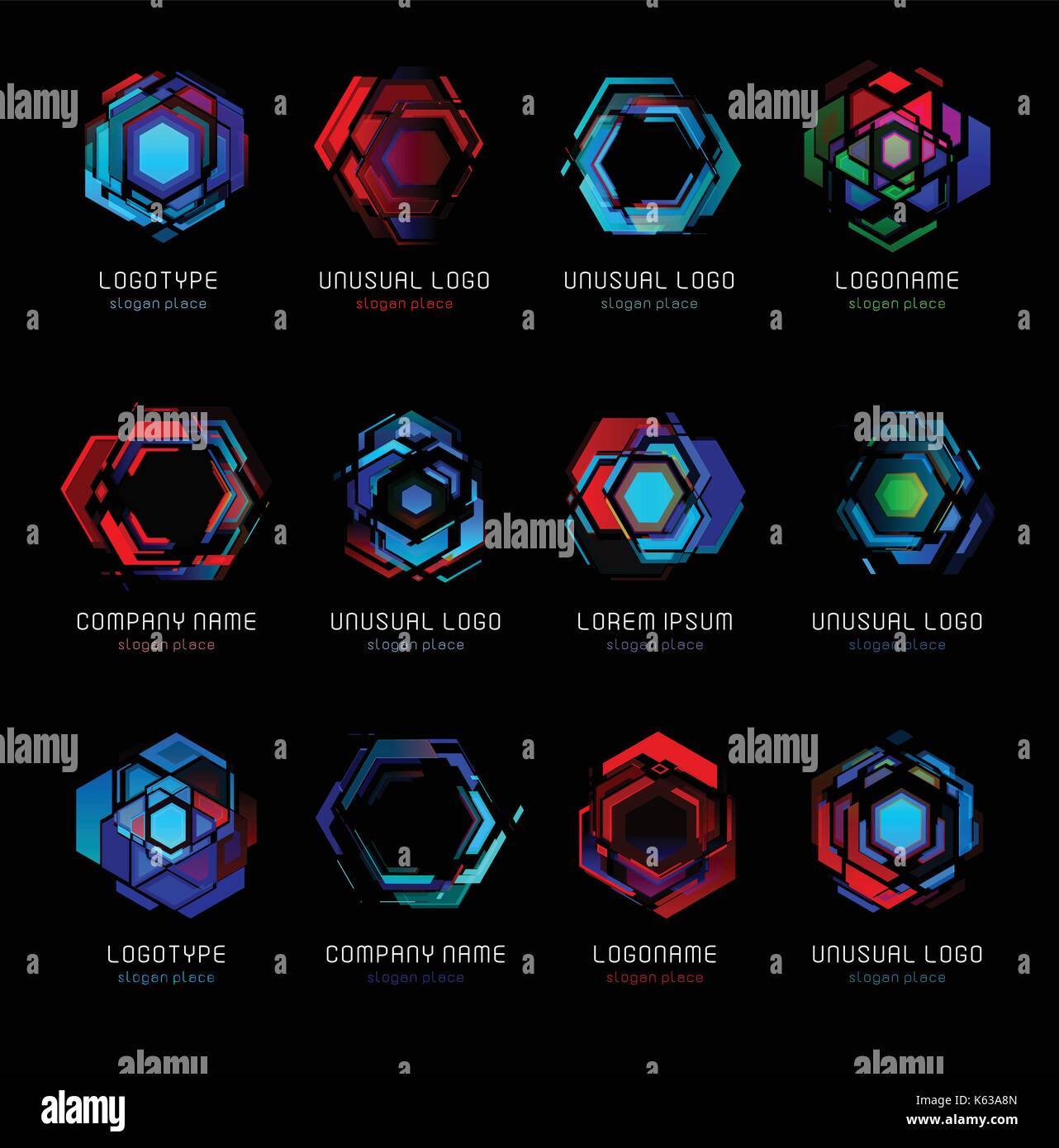 Futuristische Reaktor abstrakte farbenfrohe Vektor logo Vorlage. Innovative Technologien digital design Effekt Logos auf schwarzen Hintergrund. Stock Vektor