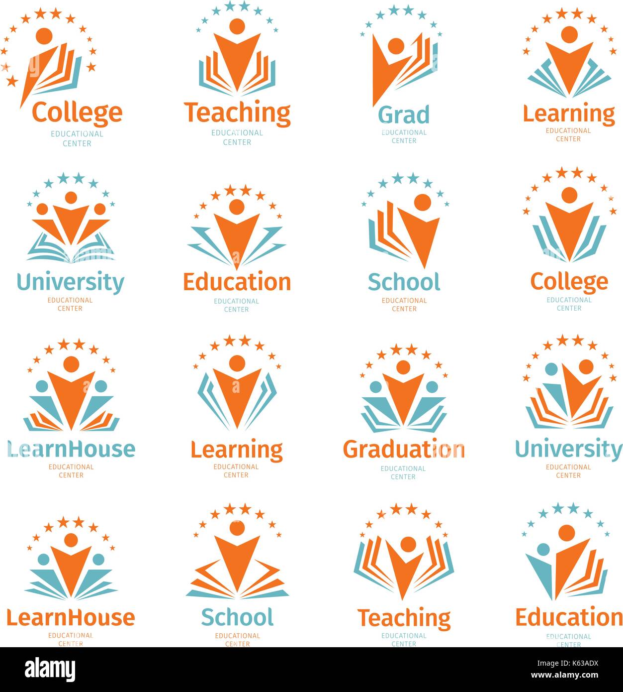 Isolierte abstrakt bunt Bildung und lernen Logo Set, Universität und Schule Bücher, Diplom Hüte und menschliche Silhouetten-Logos-Sammlung auf weißem Hintergrund-Vektor-Illustration. Lehre-Symbole Stock Vektor