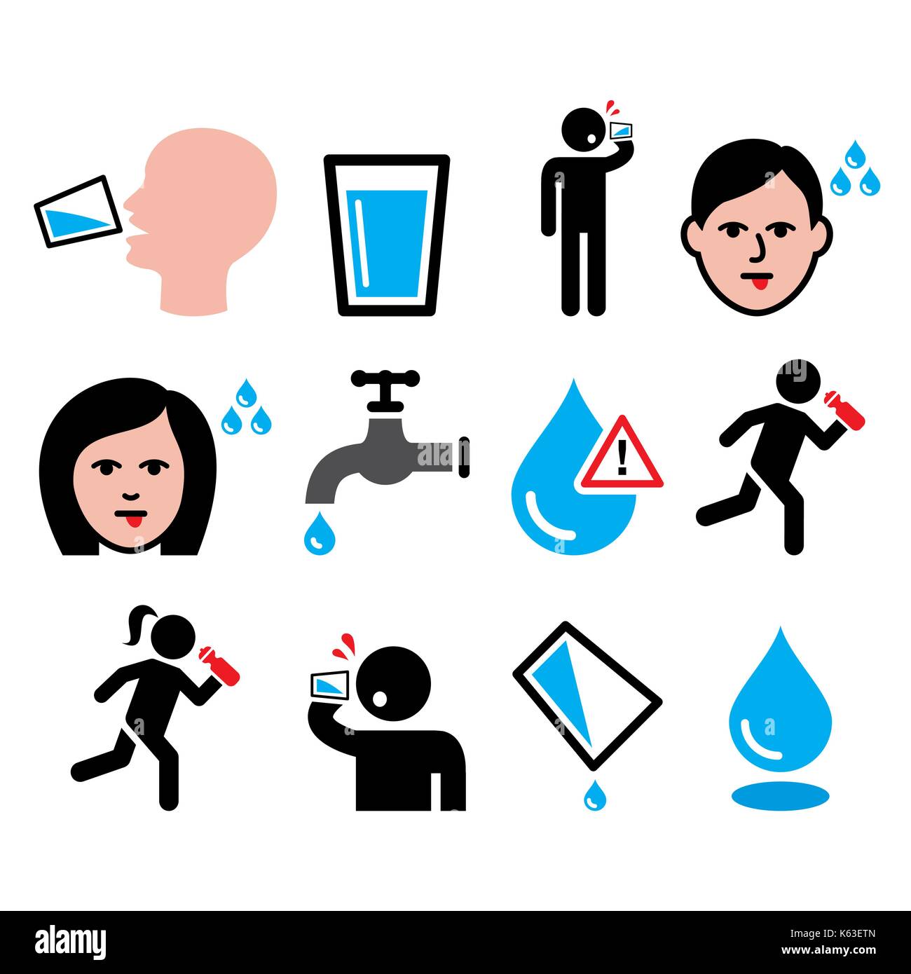 Durstigen, trockener Mund, Durst, Menschen Trinkwasser Symbole gesetzt Stock Vektor