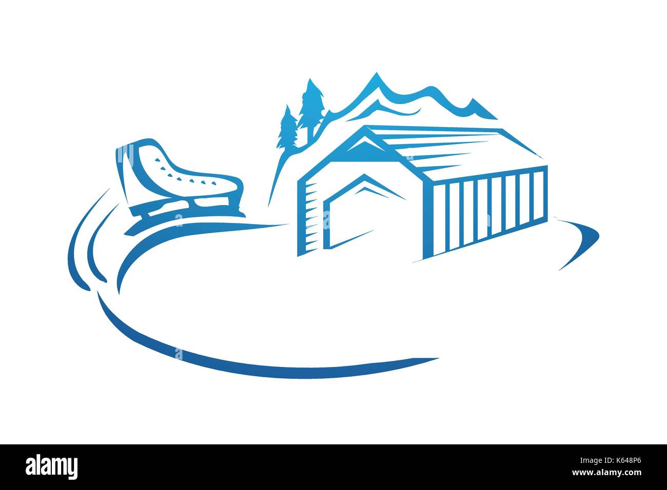 Eislaufbahn logo, Eislaufbahn mit Überblick über die Hütte und Skate- und moutian, Illustration Design, auf weißem Hintergrund Stock Vektor