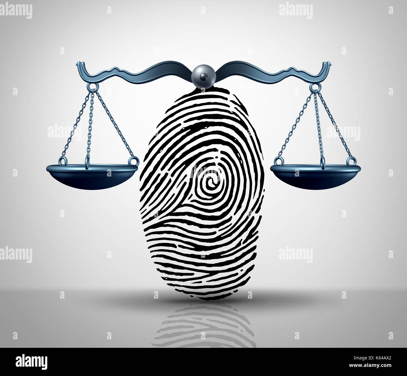 Identität Gesetz Gerechtigkeit Konzept wie ein Fingerabdruck oder Fingerabdruck als juristische Gericht Maßstab als Rechtsanwältin oder Rechtsanwalt Dienstleistungen Metapher oder Hacking geprägt. Stockfoto