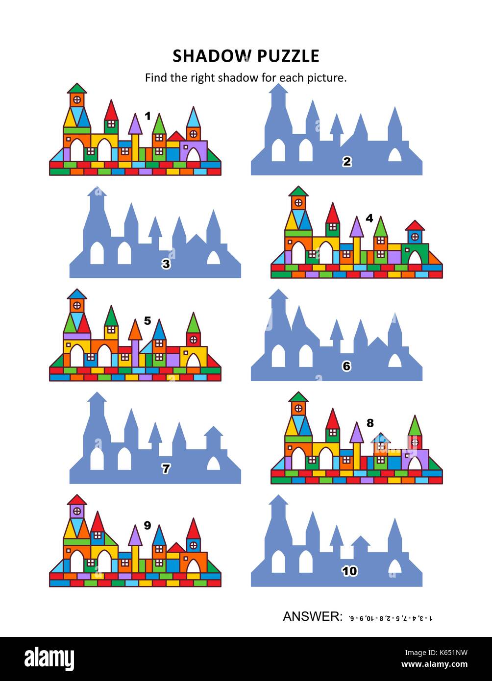 Visuelle Puzzle mit Spielzeug Stadt Gebäude: Die richtigen Schatten finden Sie für jedes Bild. Antwort enthalten. Stock Vektor