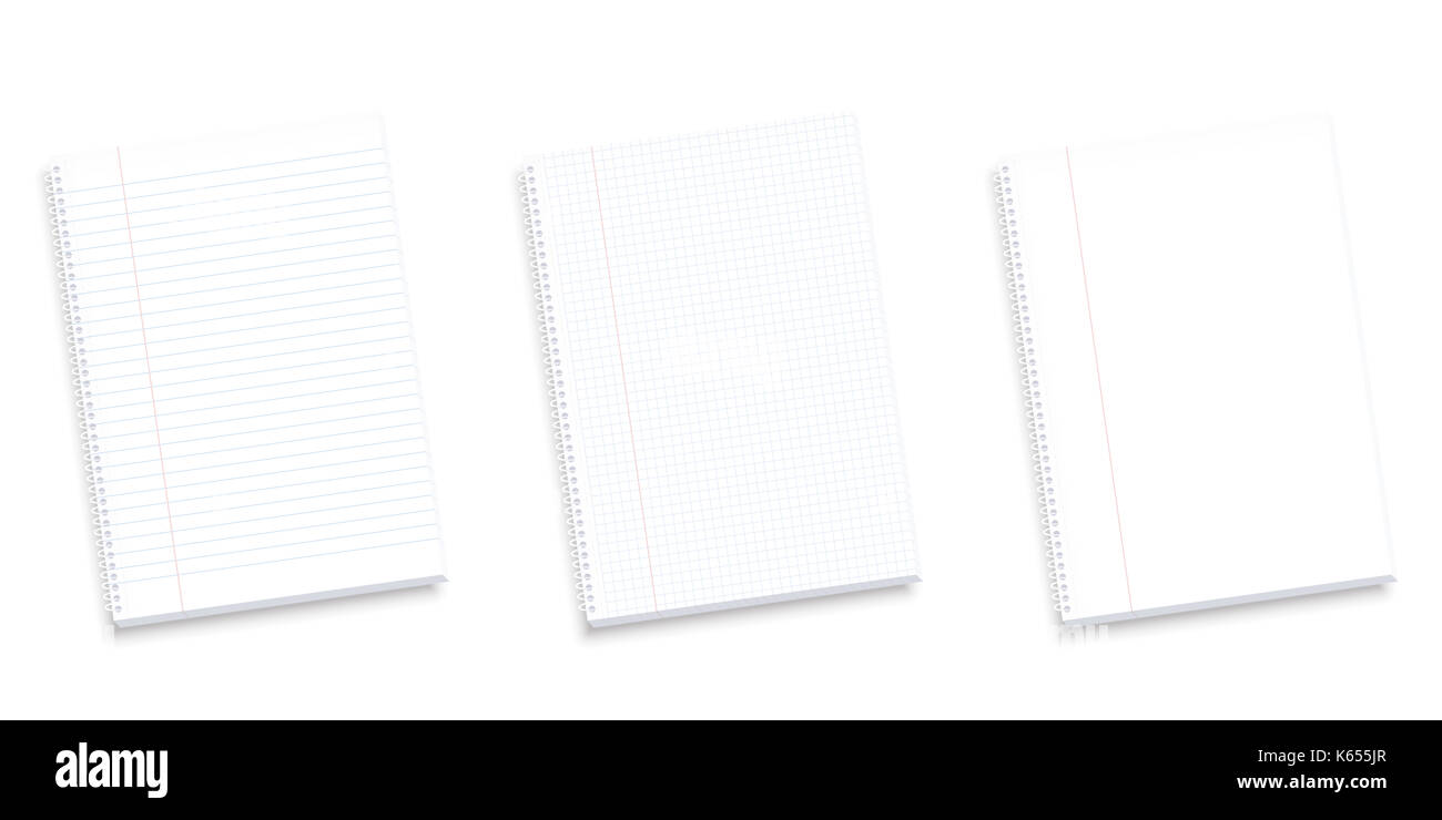 Einrichten von Notebooks - gezeichnet, quadratisch und leere Seiten mit rotem Rand für Korrekturen. Realistische Abbildung auf weißen Hintergrund. Stockfoto