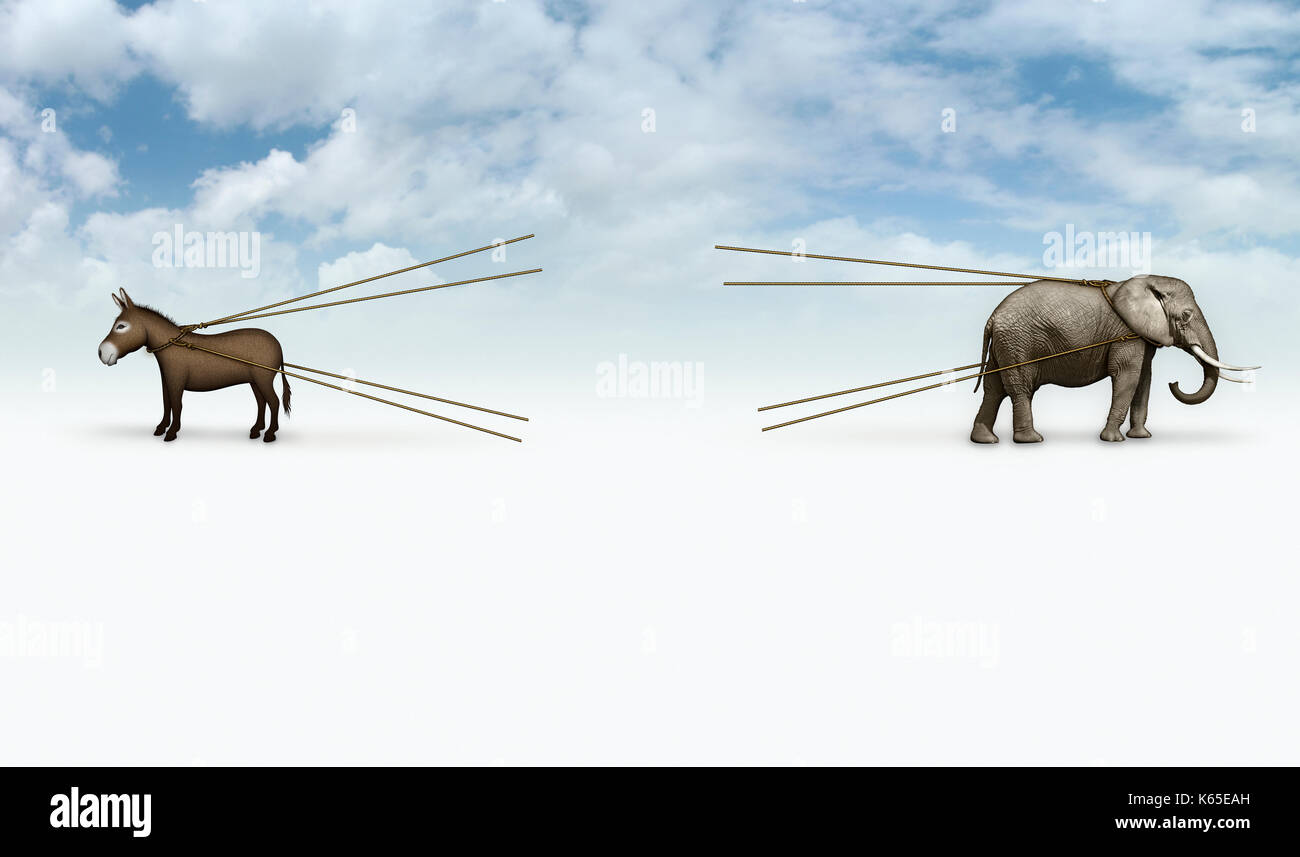 Digitale Fotos und Abbildung von einem Esel und Elefant in einem Tauziehen. Eine leere Fläche ist bereit für was auch immer das Bild, das Sie hinzufügen möchten. Stockfoto