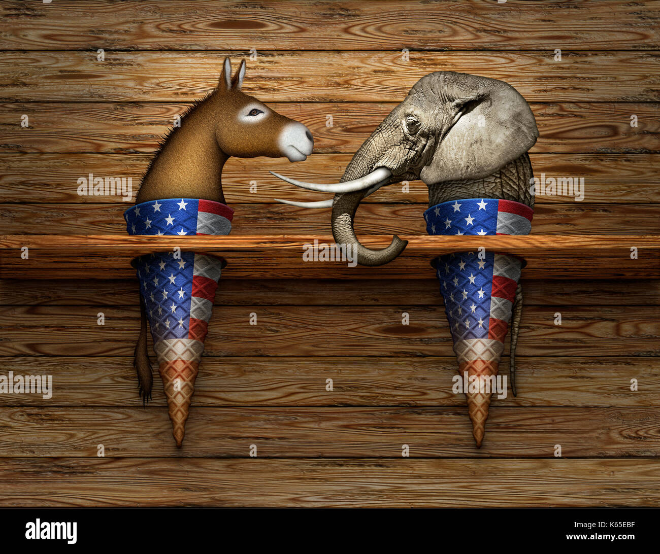 Digitale Fotos und Abbildung von einem Esel und Elefant als zwei Arten von Eis in der Waffel, die Demokraten und die Republikaner. Stockfoto