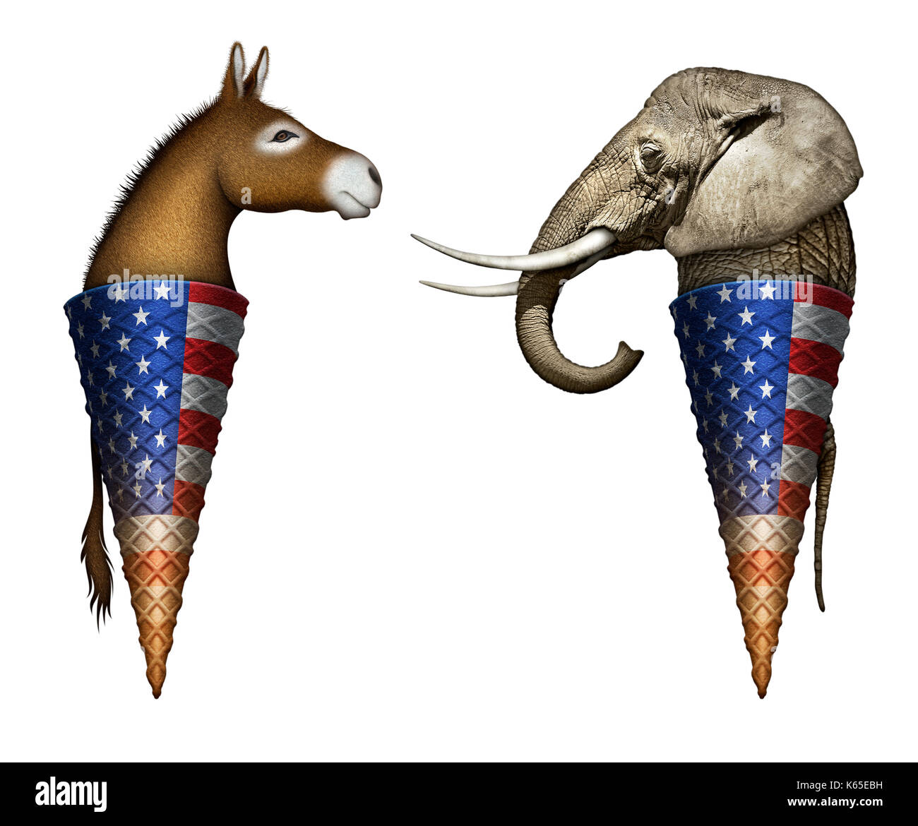 Digitale Fotos und Abbildung von einem Esel und Elefant als zwei Arten von Eis in der Waffel, die Demokraten und die Republikaner. Stockfoto