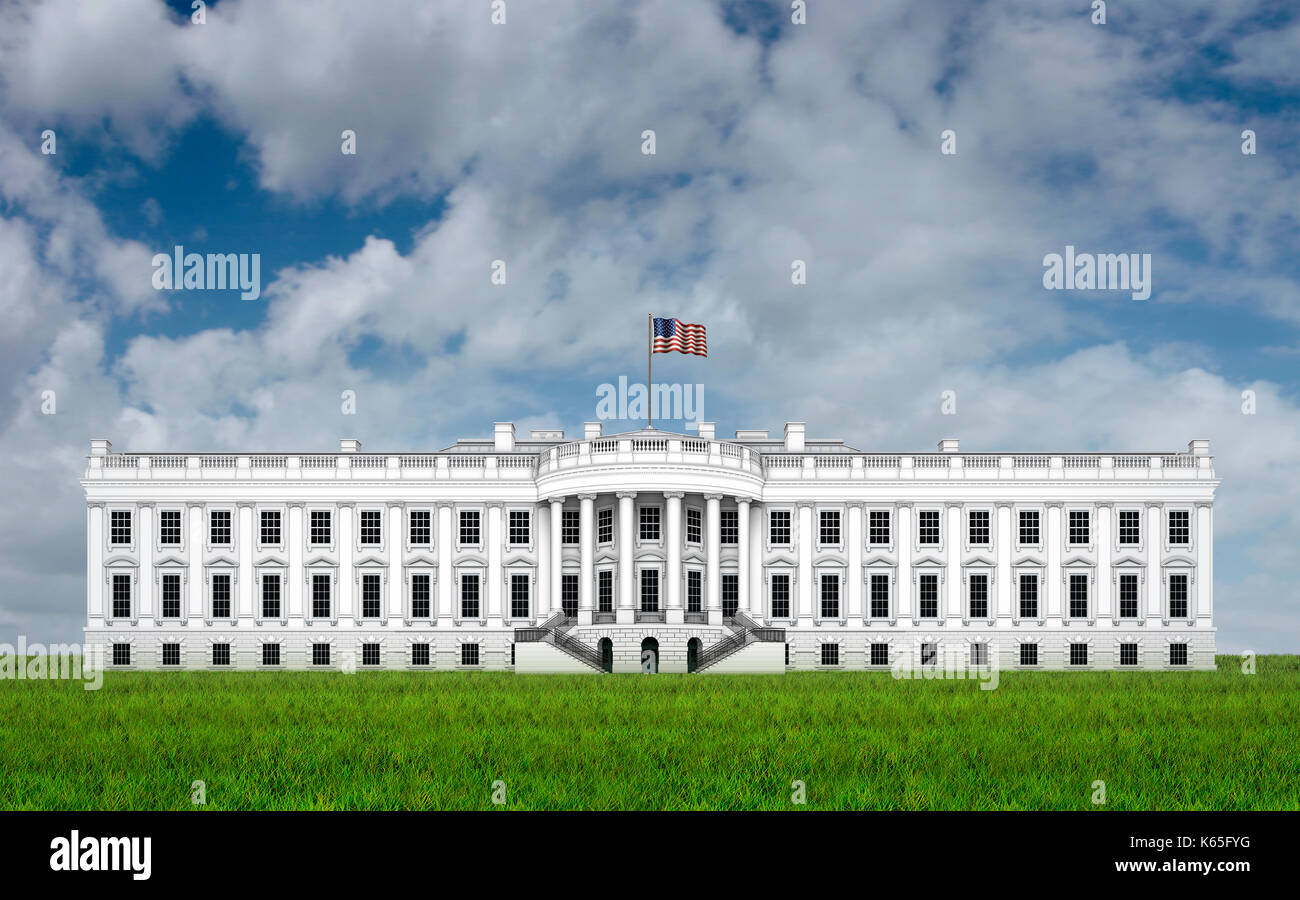 Digitale Illustration der Blick nach Süden des Weißen Hauses erweitert auf fast das Doppelte der normalen Breite. Stockfoto