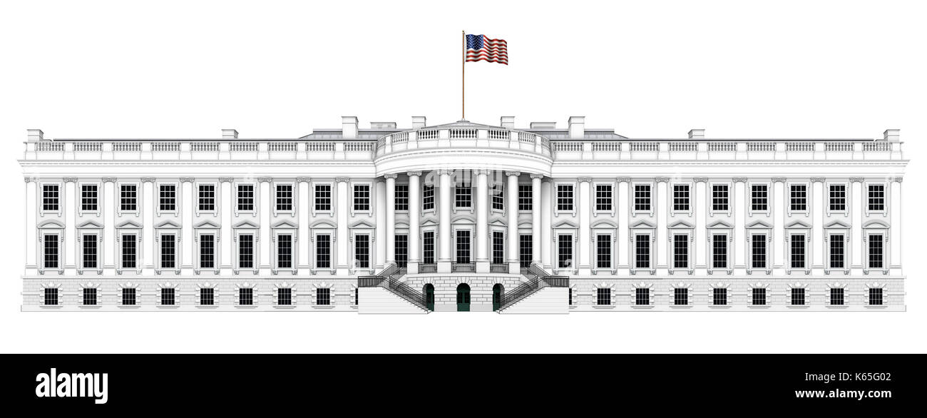 Digitale Illustration der Blick nach Süden des Weißen Hauses erweitert auf fast das Doppelte der normalen Breite. Beinhaltet einen Freistellungspfad. Stockfoto