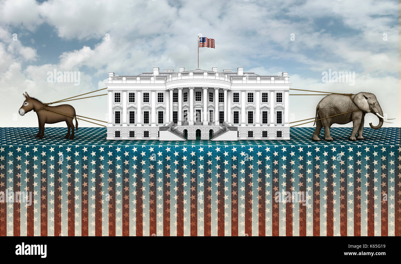 Digitale Fotos und Abbildung von einem Esel und Elefant ziehen das Weiße Haus in einem Tauziehen. Stockfoto