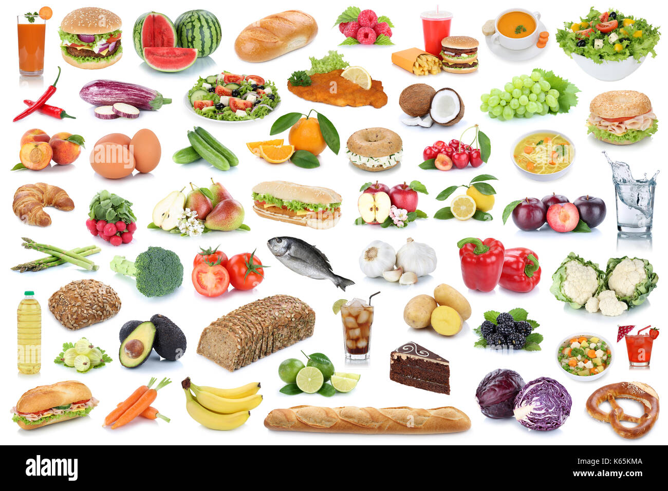 Essen und Trinken Sammlung Hintergrund gesund essen Obst Gemüse Obst Getränke auf weißem Hintergrund Stockfoto